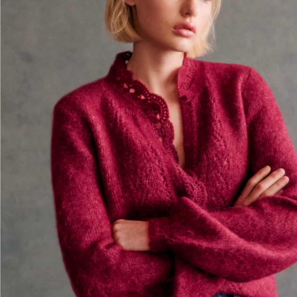 Sezane Angie Burgundy Lace-Trim Mohair Cardigan